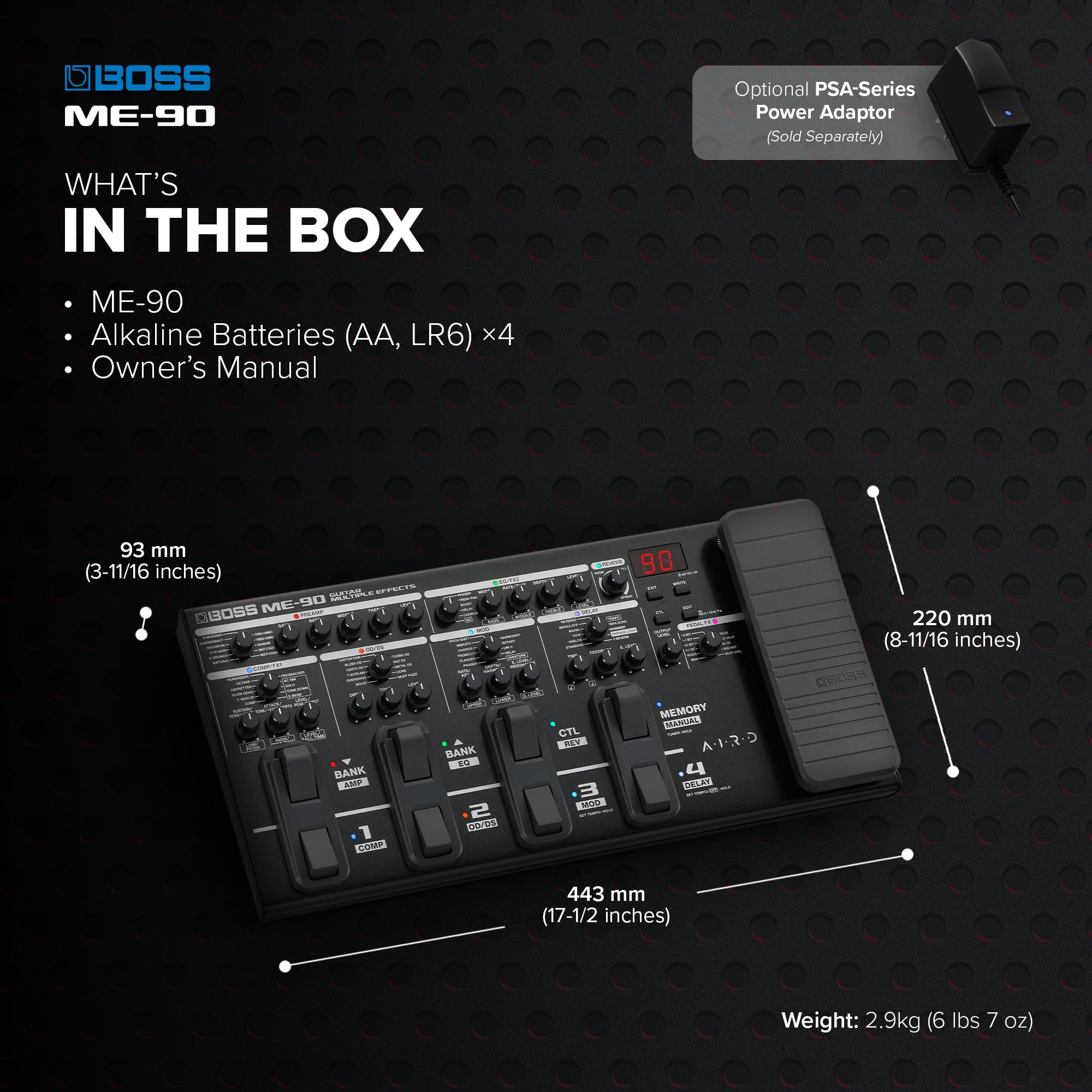 BOSS ME-90 Guitar Multi-Effects | All-In-One Guitar Processor | 11 Onboard AIRD Amp Models | 60 Effects derived from the GT-1000 | 8 Multi-Function Footswitches & Redesigned Expression Pedal