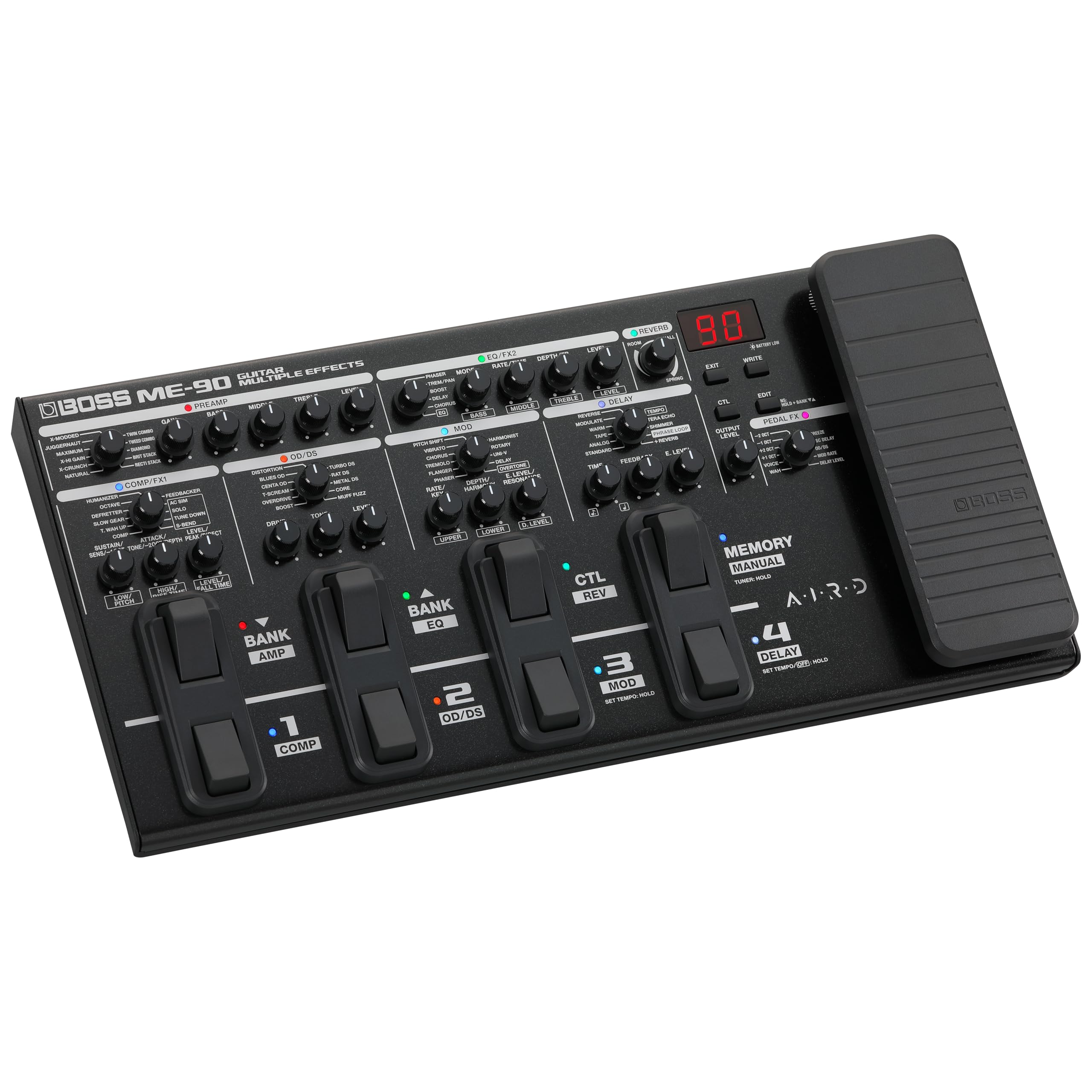 BOSS ME-90 Guitar Multi-Effects | All-In-One Guitar Processor | 11 Onboard AIRD Amp Models | 60 Effects derived from the GT-1000 | 8 Multi-Function Footswitches & Redesigned Expression Pedal