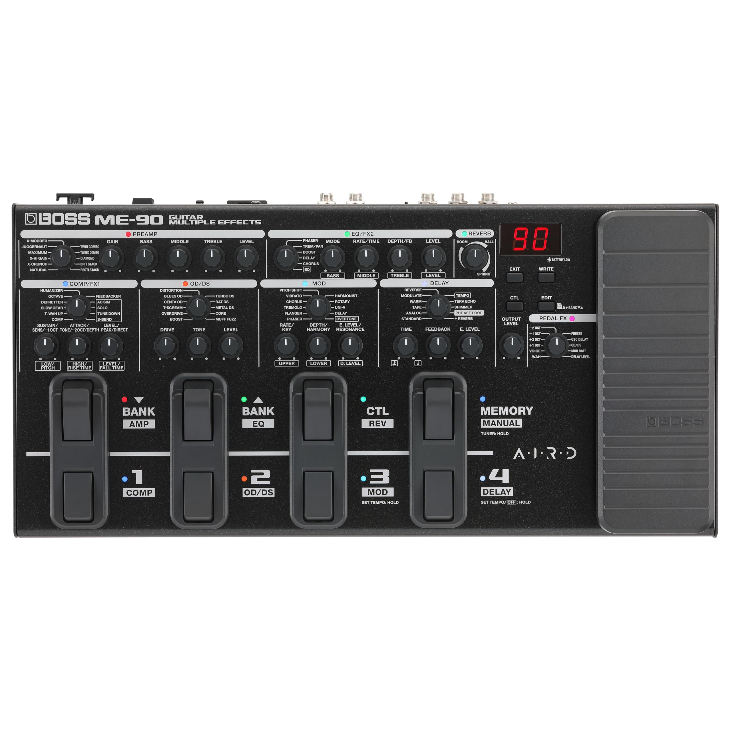 BOSS ME-90 Guitar Multi-Effects | All-In-One Guitar Processor | 11 Onboard AIRD Amp Models | 60 Effects derived from the GT-1000 | 8 Multi-Function Footswitches & Redesigned Expression Pedal